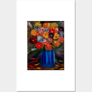 Some a lovely simple bouquet of flowers in blue vase Painted on a metallic gold and multiple colors blend. Posters and Art